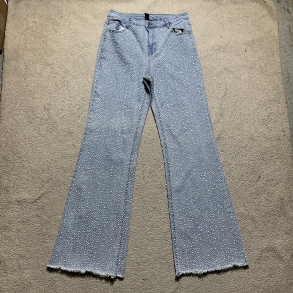 Windsor Jeans Womens Medium Beaming Perfection Faux Pearl Bootcut Blue Denim